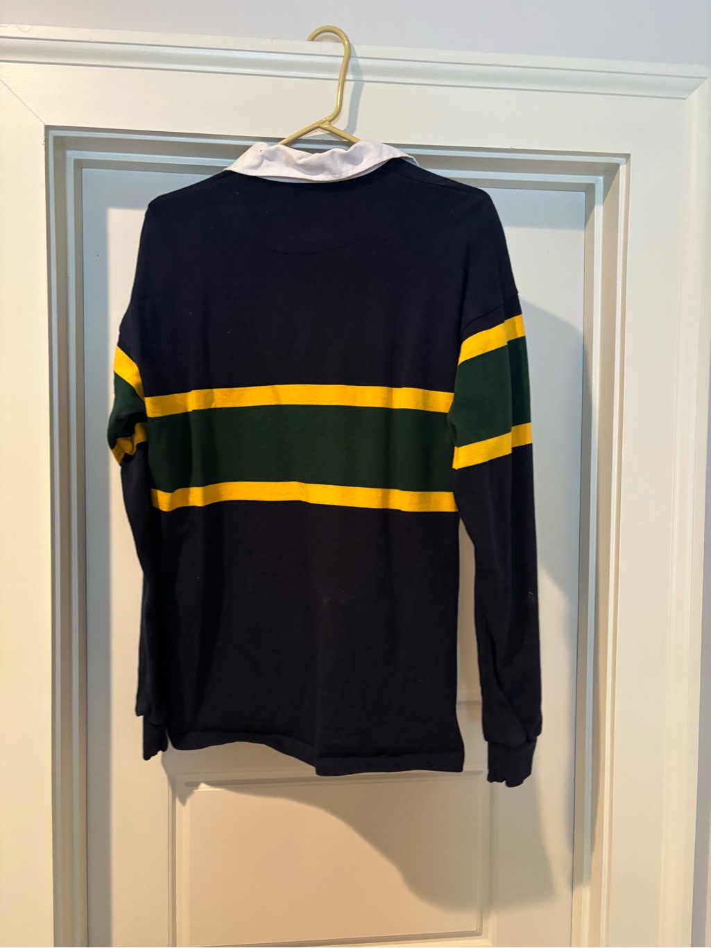Mens Navy V-Neck Rugby Shirt With Green And Yellow Stripes — image 2 of 3